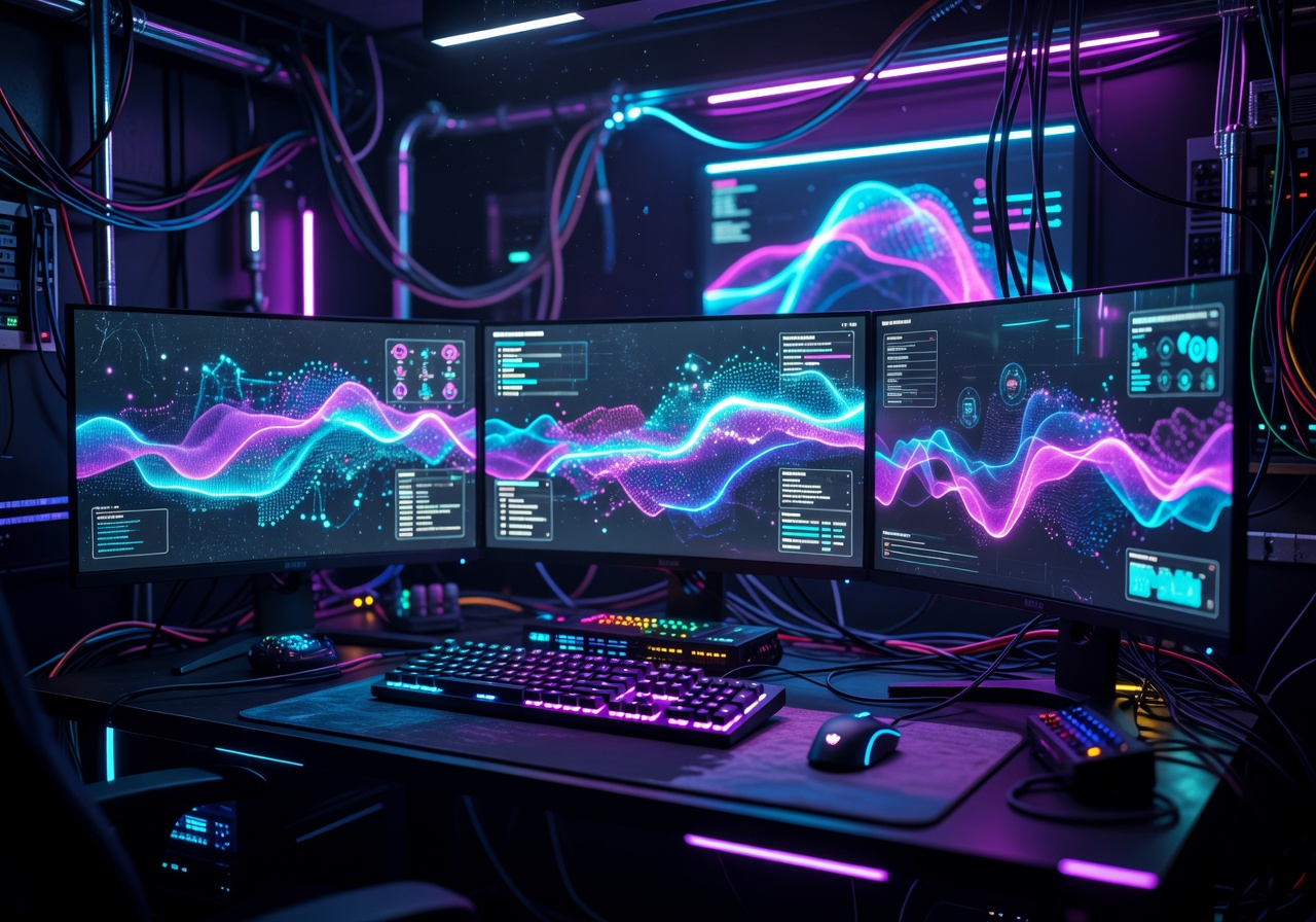 Cyberpunk neon computing setup showing the modern SaaS gaming environment