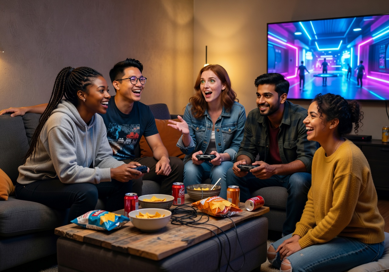 Group of friends enjoying digital entertainment