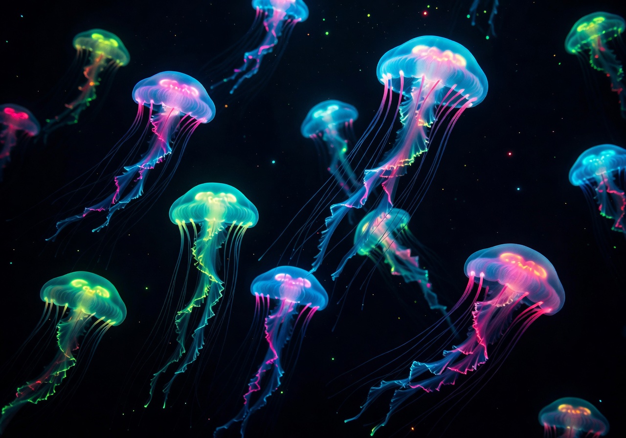Neon glowing jellyfish in deep ocean water representing modern fish slots